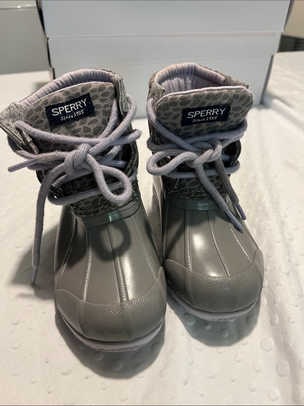 Sperry Kids Gray Waterproof Duck Boots with Leopard Collar